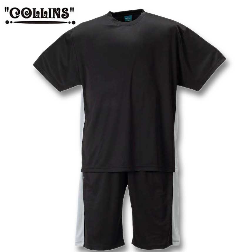大きいサイズ メンズ COLLINS ハニカムメッシュ 脇切替 半袖Tシャツ ハーフパンツ 上下セット ブラック×グレー 3L 4L 5L 6L 8L 送料無料
