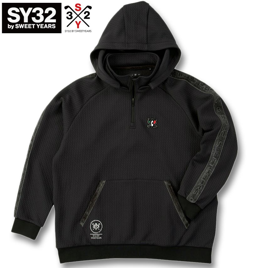 大きいサイズ メンズ SY32 by SWEET YEARS ゴルフ キルトニット ジャガード フーディー ハーフジップ ブラック 3L 4L 5L 6L 送料無料