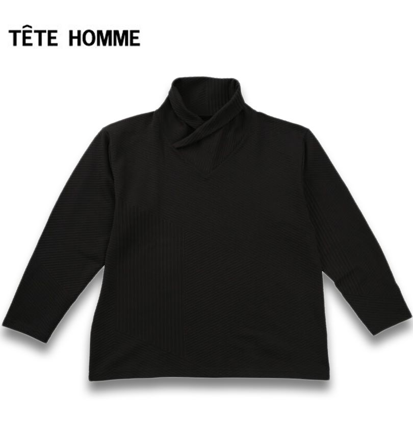 大きいサイズ メンズ TETE HOMME バイアスパネル柄 ボリュームネック 長袖 Tシャツ ブラック 3L 4L 5L 6L 送料無料