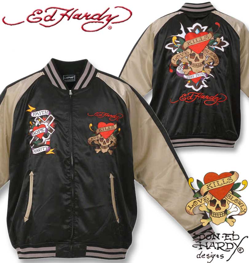 大きいサイズ メンズ Ed Hardy 刺繍 スカジャン ブラック ベージュ 3L 4L 5L 6L 送料無料