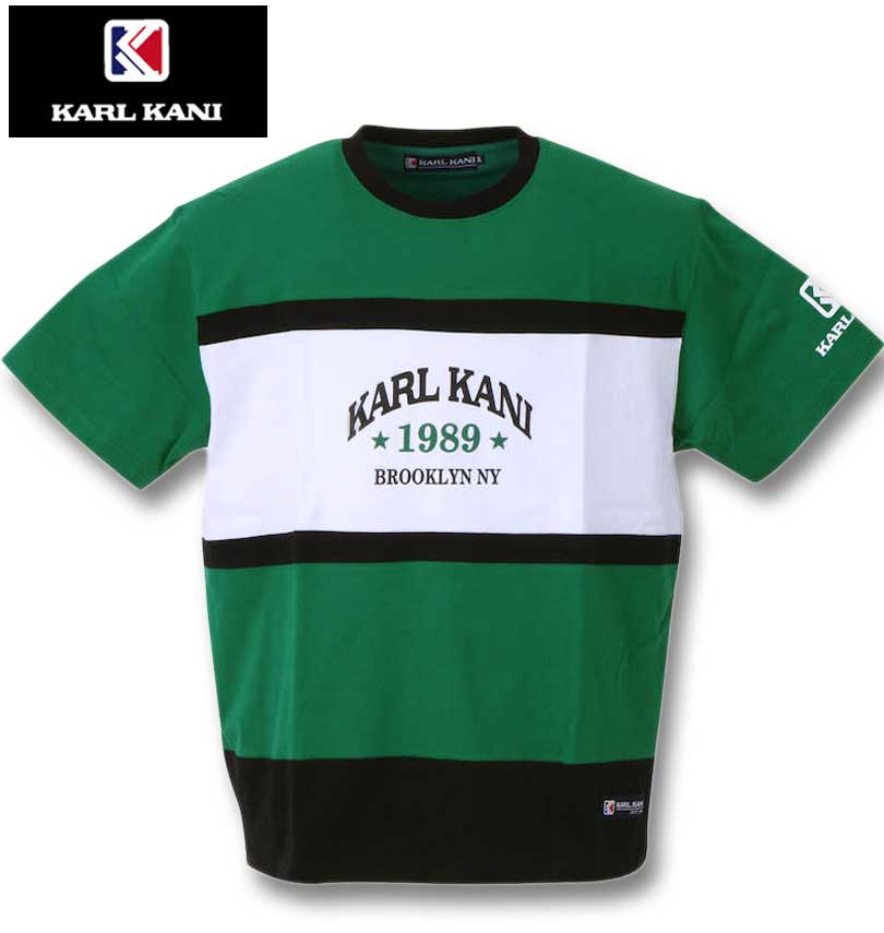 大きいサイズ メンズ KARL KANI カールカナイ 天竺切替半袖Tシャツ グリーン 3L 4L 5L 6L 8L 送料無料