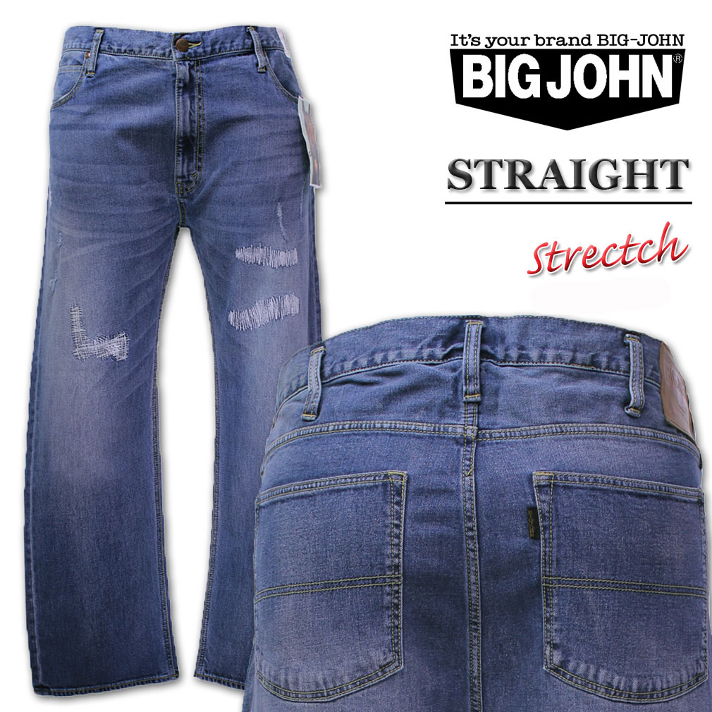 ビッグジョン ジーンズ メンズ 大きいサイズ メンズ BIG JOHN(ビッグジョン) ストレートデニムパンツ リペア加工中色 46～50インチ 送料無料