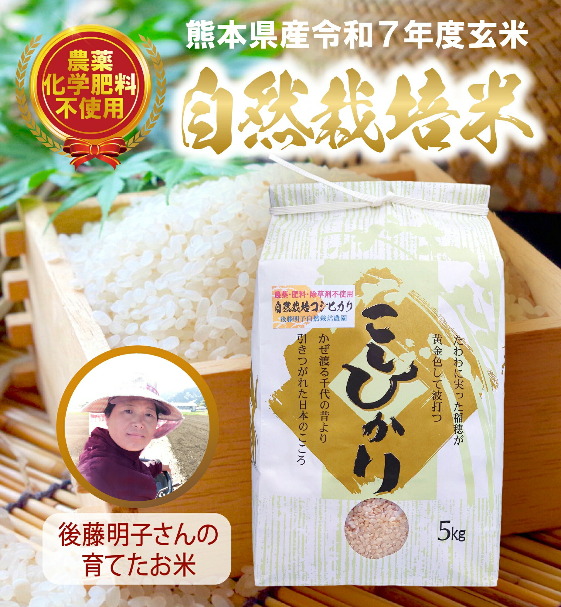 熊本県阿蘇山の外輪山の山麓で、後藤明子さんはお米作りを営んでいます。農薬や肥料、栽培期間中は除草剤を一切使わない、自然栽培によるコシヒカリです。　【栽培期間中無農薬・無化学肥料・除草剤不使用】 玄米 令和7年度新米 コシヒカリ 5kg 熊本県産 阿蘇山麓の後藤明子自然栽培農園 自然栽培米 複数原料米(ブレンド米）ではなくて コシヒカリのみの単一原料米 精米改良剤(プラスチック米)一切不使用 なので安心して食べられる