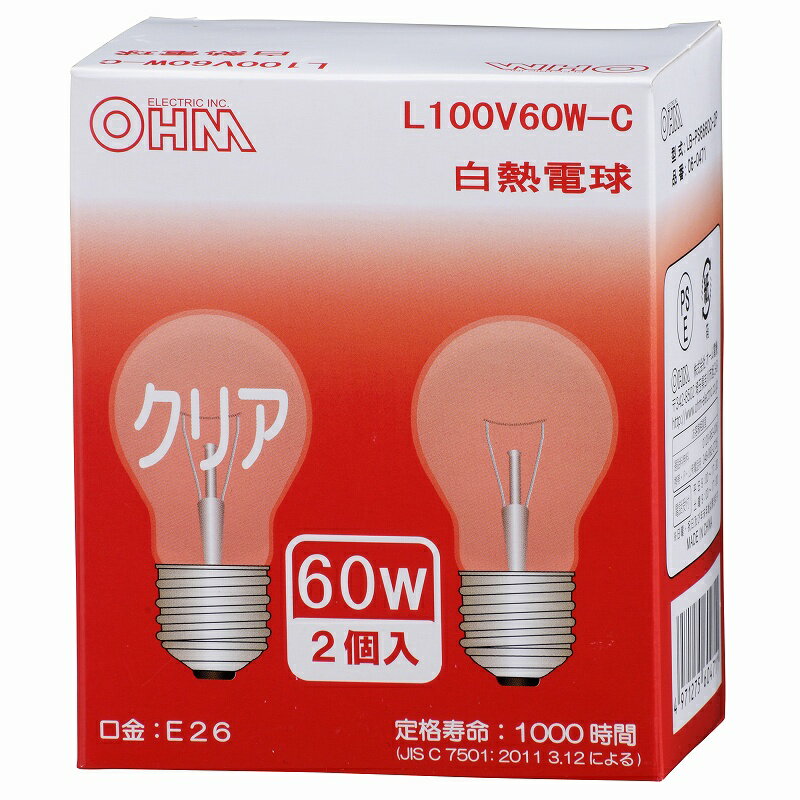 OHM オーム電機 白熱電球 2個入 E26 60W クリア LB-PS6660C-2P [品番]06-0471