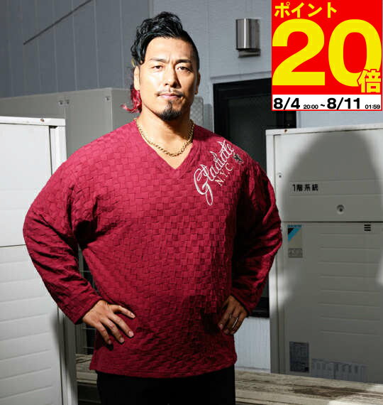 【ポイント20倍！8/11 01:59まで！】大きいサイズ メンズ 刺繍ブロックジャガード長袖VネックTシャツ GLADIATE 3L 4L 5L 6L 7L 8L カテゴリー ブランド名 ネイビー 1258-3340 カジュアル 快適 丈夫 おしゃれ モダン 柔らか 人気 スタイリッシュ