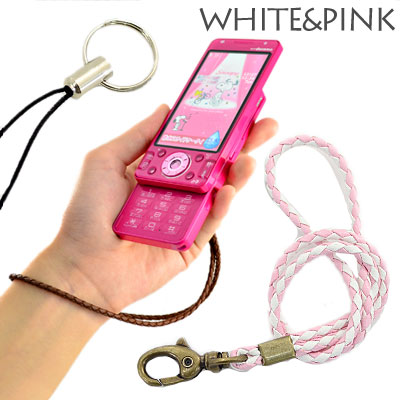 レザーハンドストラップ ホワイト×ピンク　BLH-05【携帯