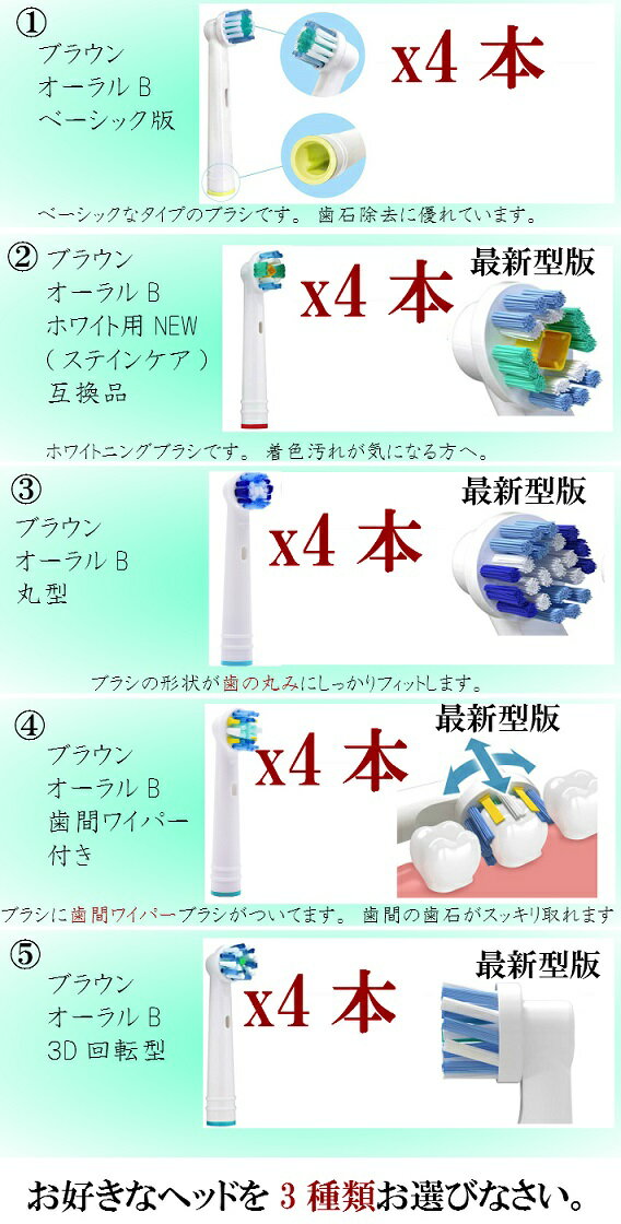 ブラウン オーラルB用 電動歯ブラシ 互換 替えブラシセット販売 お好きな組み合わせ3点 計12本セット メール便送料無料 使い分け用カラーリング付き 歯間ワイパー付き　ホワイトニング　マルチ　ベーシック　パーフェクトクリーン対応　汎用　替　ブラシヘッド