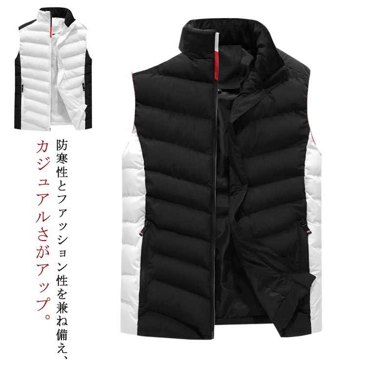 両サイドポケット付き、日常のスマホや鍵などを入れることができますのですごく便利です。表地にはハリのあるポリエステル素材を採用。中にはたっぷりと中綿を入れることでボリューム感と暖かさをプラス。それでいて軽量なので、気軽に羽織ることができます。防寒性とファッション性を兼ね備え、カジュアルさがアップ。 重厚感のあるダウンジャケットと比べて、ベストは軽く、 腕や肩回りがもたつくことなく動かしやすくて スマートなシルエットですっきり着られる点が魅力的です。ゴルフをはじめ、ウオーキング、登山、撮影、釣り、フィッシング、作業、キャンプ、遠足 、旅行などの幅広いなどのシーンで利用することができます。機能性にもしっかりこだわった一枚に仕上げています。 サイズ S M L XL 2XL 3XL 4XL サイズについての説明 S:着丈57/胸囲47/肩幅40/裾幅45cm　M:着丈59/胸囲49/肩幅41.5/裾幅47cm　L:着丈61/胸囲51/肩幅43/裾幅49cm　XL:着丈63/胸囲53/肩幅44.5/裾幅51cm　2XL:着丈65/胸囲55/肩幅46/裾幅53cm　3XL:着丈67/胸囲57/肩幅47.5/裾幅55cm　4XL:着丈69/胸囲59/肩幅49/裾幅57cm 素材 コットン＋ポリエステル 色 ホワイト ブラック 備考 ●サイズ詳細等の測り方はスタッフ間で統一、徹底はしておりますが、実寸は商品によって若干の誤差(1cm～3cm )がある場合がございますので、予めご了承ください。 ●商品の色は、撮影時の光や、お客様のモニターの色具合などにより、実際の商品と異なる場合がございます。あらかじめ、ご了承ください。 ●製品によっては、生地の特性上、洗濯時に縮む場合がございますので洗濯時はご注意下さいませ。 ▼色味の強い製品によっては他の衣類などに色移りする場合もございますので、速やかに（脱水、乾燥等）するようにお願いいたします。 ▼生地によっては摩擦や汗、雨などで濡れた時は、他の製品に移染する恐れがございますので、着用の際はご注意下さい。 ▼生地の特性上、やや匂いが強く感じられるものもございます。数日のご使用や陰干しなどで気になる匂いはほとんど感じられなくなります。