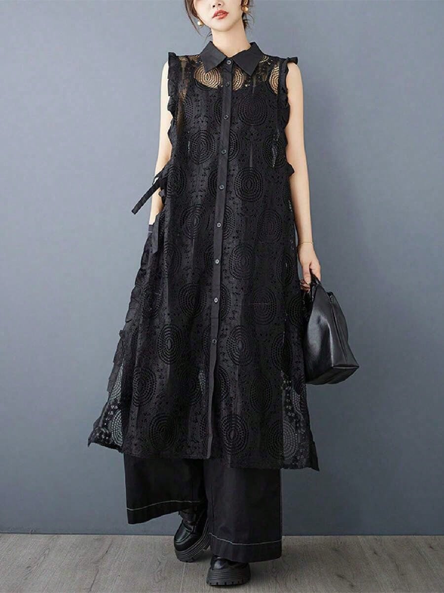 樂天商城 - ZenVera チュニックワンピース レディース レース ベスト風 Vネック ノースリーブ ミモレ丈 ゆったり 体型カバー 無地 カジュアル 春夏