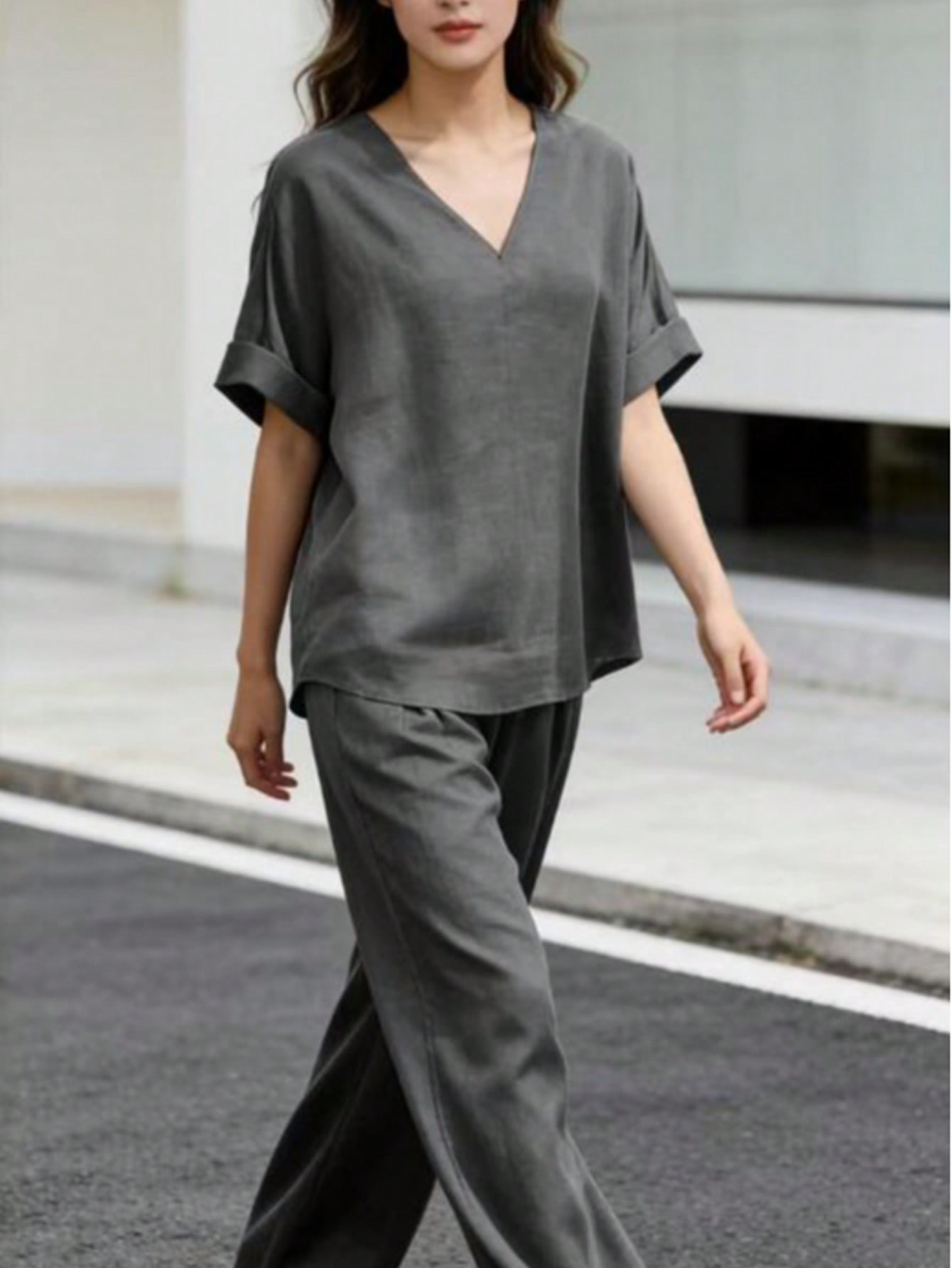 Suits For Job Interviews - ZenVera レディース セットアップ 2点セット Vネック 半袖 ワイドパンツ ゆったり 体型カバー カジュアル 夏 おしゃれ