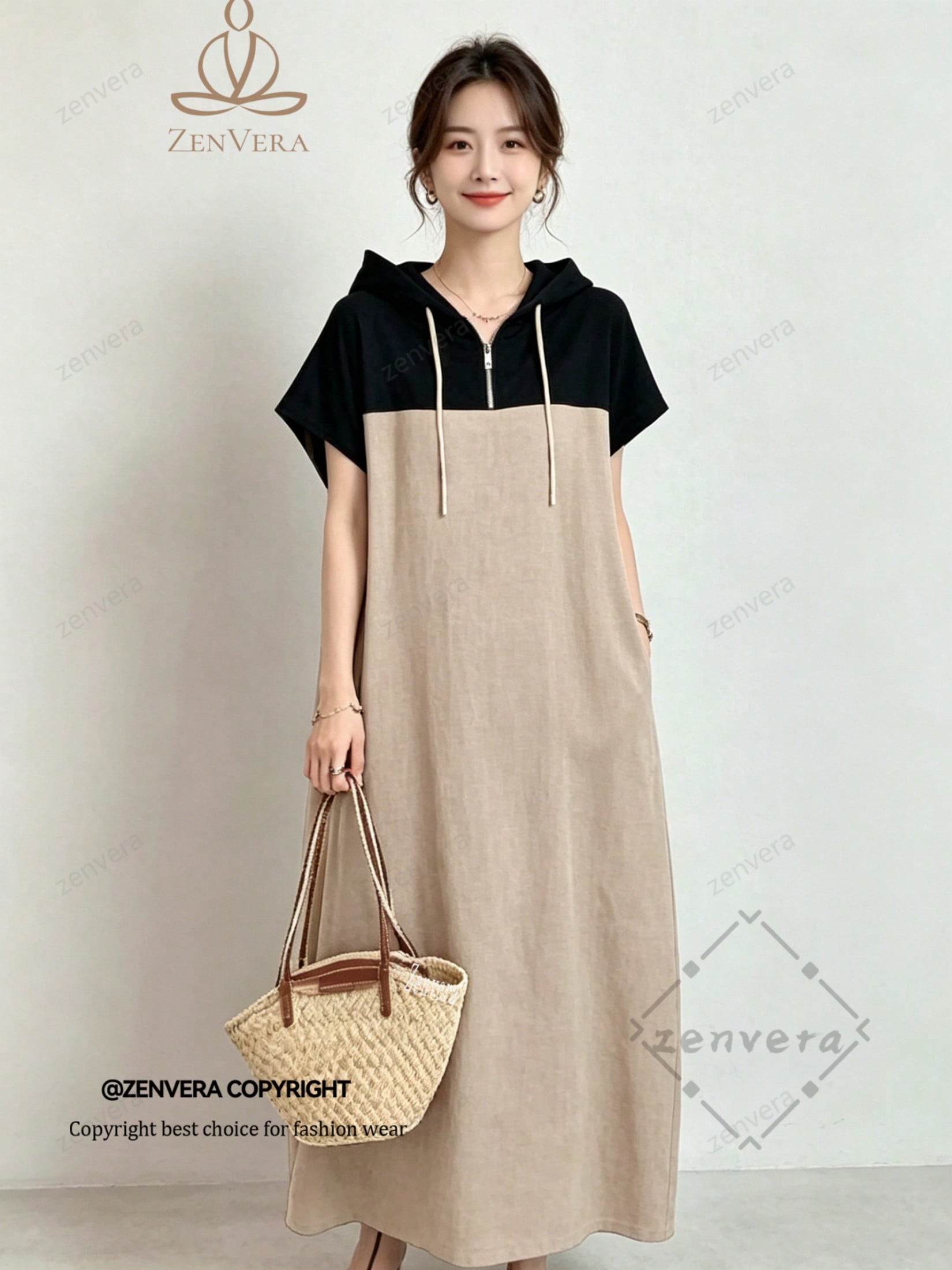 樂天商城 - ZenVera ワンピース レディース 春夏 フード付き ミモレ丈 切り替え ゆったり 体型カバー カジュアル ナチュラル