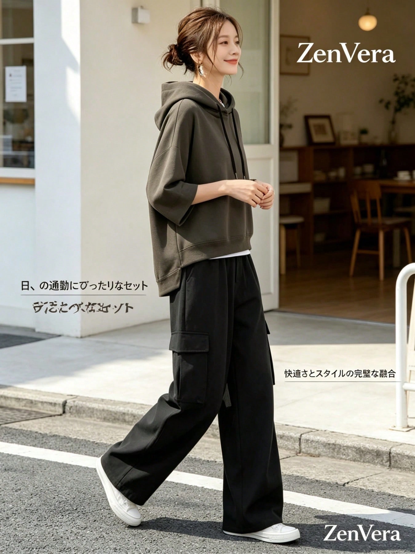樂天商城 - 夏服 レディース セットアップ セットアップ 七分袖 パーカー カーゴワイドパンツ 2点セット ハイウエスト ゆったり 楽ちん 体型カバー 韓国風 ストリート カジュアル ルームウェア 春夏 秋ZenVera