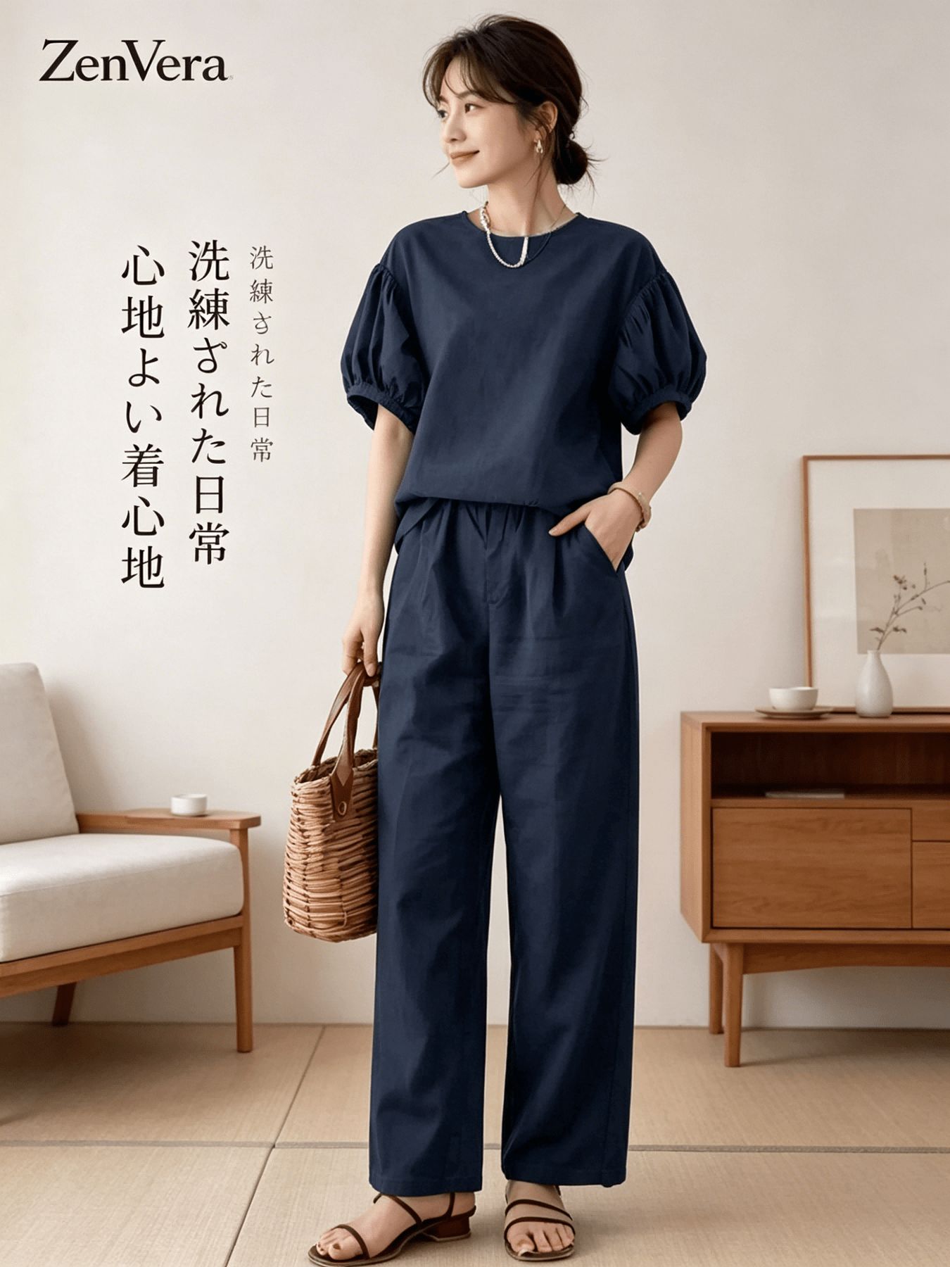 樂天商城 - 2点セット レディース セットアップ ト ブラウス パフスリーブ ストレートパンツ きれいめ 通勤 オフィス 大人可愛い 着痩せ 体型カバー ゆったり カジュアル 春夏秋冬 洗える ZenVera