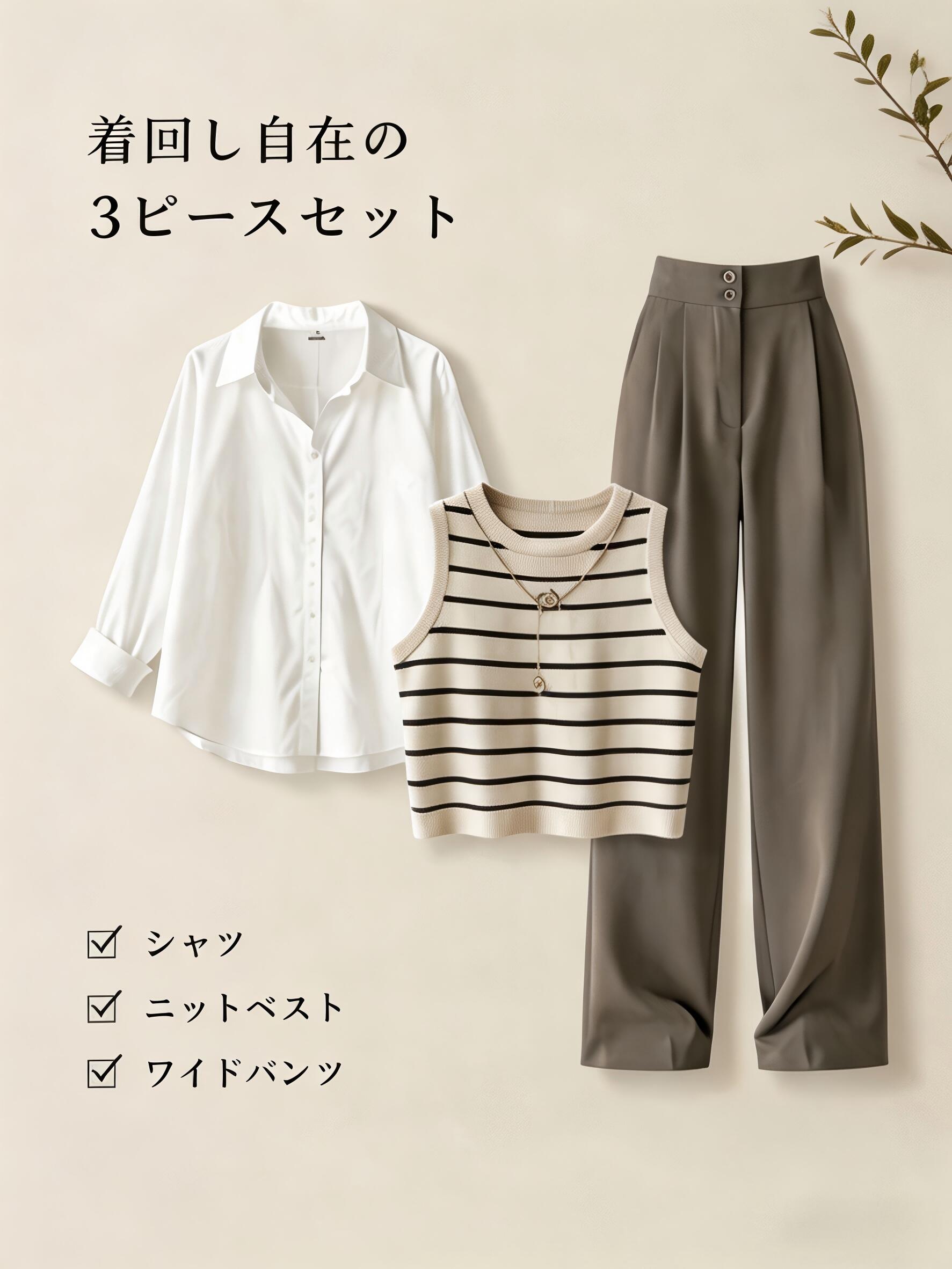 Rakuten - 夏のスーツ【43%買戻し率】春のスーツ女性の新しいサイズの女性のカジュアルシャツニットベストウエストワイドパンツ3点セット潮 ZenVera