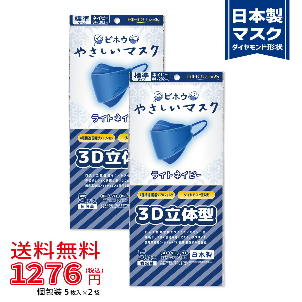 【5枚入×2袋セット】3D立体型やさしいマスク ネイビー 標準サイズ 5枚入《マスク工業会会員》〈送料無料〉【美保 BIHOU 日本製 不織布 使い捨て 男性 女性 4層 ダイヤモンド型 メイク落ちにくい 息がしやすい おしゃれ 学生 平ゴム K95 韓国タイプ】84×202mm