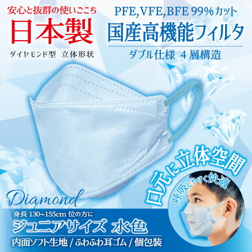 【5枚入×2袋セット】〈ジュニア〉3D立体型やさしいマスク 水色 5枚入《マスク工業会会員》〈送料無料〉【美保 BIHOU 日本製 不織布 使い捨て 子供用マスク 女の子 男の子 4層 さわやか ダイヤモンド やわらかい生地 息がしやすい かわいい 平ゴム K95 韓国タイプ】
