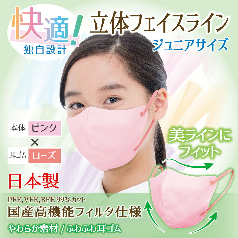 【7枚入×2袋セット】〈ジュニア〉立体フェイスラインやさしいマスク 7枚入《ピンク...