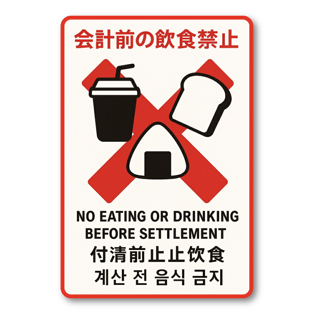 【T0052】会計前の飲食禁止ステッカー インバウンド 外国人向け 注意喚起 防犯対策 飲食店 スーパー コ..