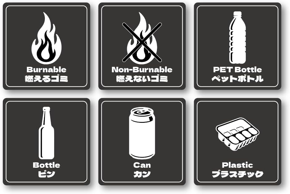 HUB-3-GOMI-03 90x90mmゴミ分別ステッカー シール 燃えるゴミ 燃えないゴミ ビン 缶 ペットボトルその他 6枚セット 防水・耐熱(3.0)