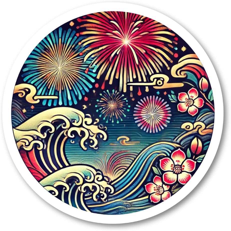 3mmm-hanabi 花火 和風 丸形 ステッカー 防水・耐熱 シール