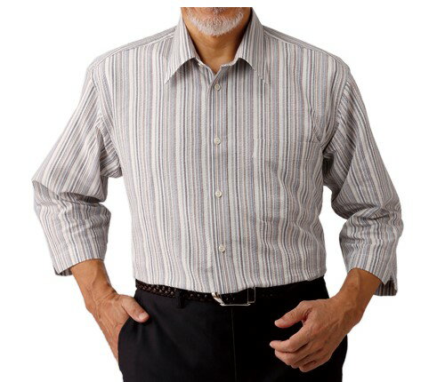 p18868カジュアルシャツ 7分袖 メンズ 紳士服 シニア シニアファッション 40代 50代 60代 70代 80代 父の日 お父さん 春物 夏物 春夏 敬老 プレゼント 贈り物 ネイビー系 ベージュ系 縦縞 縞模様