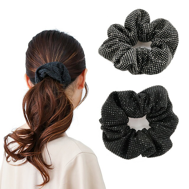 シュシュブラック ジェット ヘマタイトフォーマル 大きめ ボリュームヘアゴム ヘアアクセサリー 髪留め..