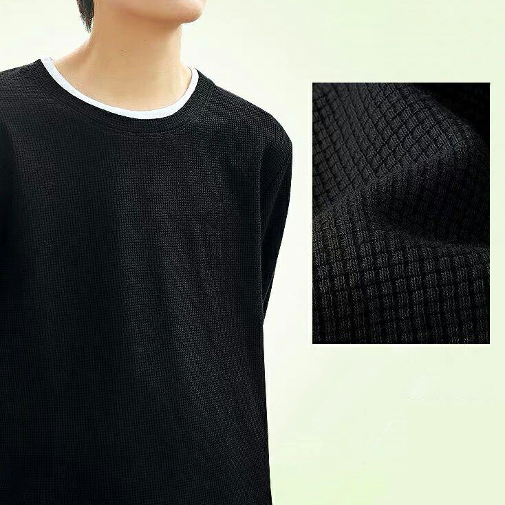 tシャツ Tシャツ長袖カットソー長袖 ワッフルフェイクレイヤードTシャツ 裏起毛裏ボア 暖かいワッフルtシャツ 長袖 サーマル 2タイプトップスインナー Uネック クルーネックトップス　男女兼用春秋冬