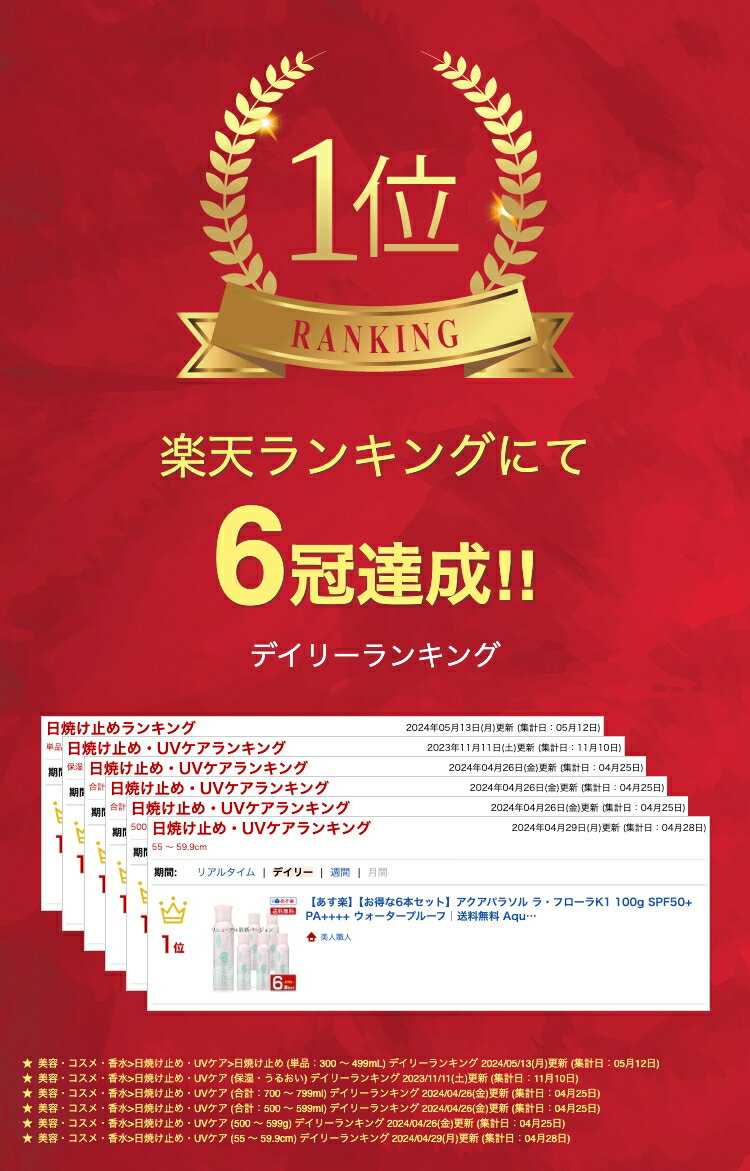 【あす楽】【お得な6本セット】アクアパラソル ラ・フローラK1 100g SPF50+ PA++++ ウォータープルーフ｜送料無料 AquaParasol シーランドピューノ ラ フローラ ラフローラ UVプロテクトスプレー 日焼け止め化粧料 日焼け止め 化粧料 UV対策 ラ フローラ K1
