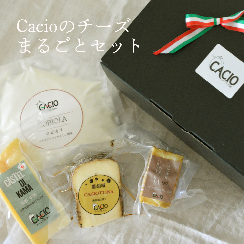 商品詳細 フレッシュから熟成まで、それぞれ異なる個性を持つ4種類のチーズを詰め合わせました。 Cacioを初めてお楽しみいただく方にも、おすすめのセットです。 サラダやパン、パスタなど毎日の料理に活躍する「ロビオラフレッシュ」。 香ばしさとうまみのバランスがよく、そのままでも料理に加えても楽しめる「カステルディ嘉麻8カ月熟成」。 包丁で削るように味わう、複雑で奥深い風味が魅力の「ロビオラ90」。 そして、ミルキーな味わいに黒胡椒の心地よい刺激がアクセントとなった「黒胡椒のチーズ」。 毎日の食卓から、ワインと楽しむ特別なひとときまで。 Cacioならではのさまざまな味わいを、ぜひ食べ比べながらお楽しみください。 【商品発送についての注意事項】 「ロビオラフレッシュ」は、毎週木曜日にできたてをお送りしております。 そのため、こちらのセット商品は基本的に毎週木曜日の発送となります。あらかじめご了承いただけますと幸いです。 内容量カステルディ嘉麻(100g)、ロビオラフレッシュ(200g)ロビオラ90(90g)、黒胡椒のチーズ(100g) 原材料【カステルディ嘉麻＆ロビオラ2種】生乳（国産）、食塩（国内製造）【黒胡椒のチーズ】生乳（国産）、食塩（国内製造）、黒胡椒、オリーブオイル(イタリア) アレルギー成分乳成分 賞味期限【カステルディ嘉麻】製造より90日 【ロビオラフレッシュ】製造より30日（開封後は1週間） 【ロビオラ90】製造より60日 【黒胡椒のチーズ】製造より90日 保存方法6℃以下要冷蔵 製造者合同会社IRIS チーズ工房Cacio　福岡県嘉麻市中益395-12 こちらの商品で対応可能なギフトサービスは下記になります。 【ギフト包装】化粧箱（商品）を包装紙で包む ※ギフト対応をご希望の場合は、下記よりご注文時に備考欄へご明記ください。 例）ギフト包装希望
