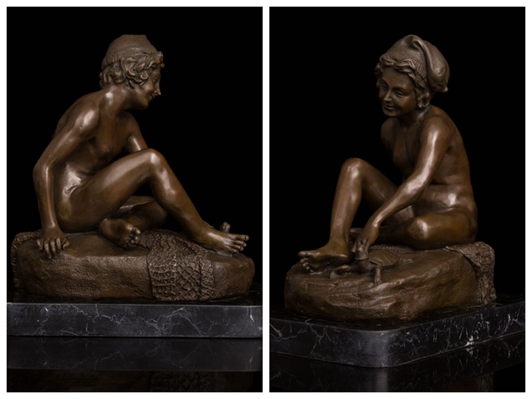 【送料無料】重量ブロンズ像　亀を遊んでいる男子　ギリシア神話　29cm大名品　インテリア家具　置物　彫刻　銅像　彫像　美術品フィギュア贈り物 プレゼント