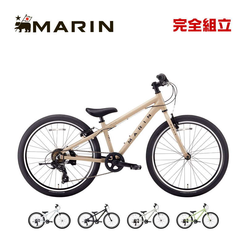 商品説明パパ、ママ、この自転車速いし、かっこいい小学校?? 年生ごろから乗れるマウンテンキッズバイクです。身長が低いお子様でも乗りやすい特別な一体型サドルを使用しています。そろそろスポーツや習い事が始まる年齢だと思います。お友達と一緒に帰る事も多くなる中で、自慢できる自転車を目指しました。スピードを出しがちなお年頃のお子様の為によくきくブレーキを使用しています。バイクが軽量で?? 段変速なので坂道もスイスイよく登ります。重量（ペダル込）：10.2kg適応身長：125-145cmサドル1 番下から地面まで：61cmスペックFrameAluminum Donky Jr. 24” Kids FrameForkSteel, Straight Blade, 1 1/8” SteerRimMarin Aluminum, Machined SidewallHub RearSteel, 32HHub FrontSteel, 32HSpokes Nipples14g Stainless SteelTiresMARIN x VEE TIRE CO. Speedster, 24x2.0”Shift LeverShimano Revo Twist Shift, 6-speedDerailleur FrontN/ADerailleur RearShimano TourneyCrankset3-Piece Aluminum Crank, 32t, Chainring, 152mm Arm LengthBottom BracketSealed Cartridge Bearing, Square Taper 68/122.5mmChainKMC HV-500CassetteShimano 6-speed, 14/28tBrakes FrontAlloy V-BrakeBrakes RearAlloy V-BrakeBrake LeverKids Aluminum Brake LeversHandlebarMarin Steel MTB31.8mmStemMarin AlloyGripsKids GripsHeadset1 1/8” ThreadlessSeatpostIntegrated w/ Saddle27.2mmSaddleMarin Kids w/ Integrated Seat PostPedalsKids PedalsTraining WheelsN/AChain GuardN/ABagN/AStandSteel Rear Mount KickstandOpsion 1Rear Derailleur GuardOpsion 2N/AジオメトリーSizeONESIZEHead Tube Angle69Head Tube Length（mm)130Seat Tube Angle73Seat Tube Actual310Top Tube Effective（mm)467.67BB Height269BB Drop35Fork Offset40Stand Over Height588.33Wheel Base939.16Chain Stay（mm)405Seat Post（mm)27.2Stack493.99Reach316.64Handlebar Width（mm)600Handlebar Clamp（mm)31.8Stem Length（mm)60Crank Length152自転車を安全・快適にご使用いただくために●自転車を安全で快適にご使用いただくために、お近くの自転車店にて定期的な点検をしてください。●ご使用中に自転車の不具合を感じた時は、直ちに使用を中止し自転車店にご相談ください。●不具合の早期発見、事故を未然に防ぐためにも、乗車前に点検と確認を行ってください。※画像はサンプルです。掲載情報はモデル発表当時のものです。※仕様・外観・価格は、改良のため予告なく変更される場合がございます。※商品はお取り寄せのため、メーカー代理店の在庫状況によりご用意できない場合がございます。※お取り寄せ商品のため、不良品以外の返品・交換はお断りいたします。以上、予めご了承いただきますようお願いいたします。