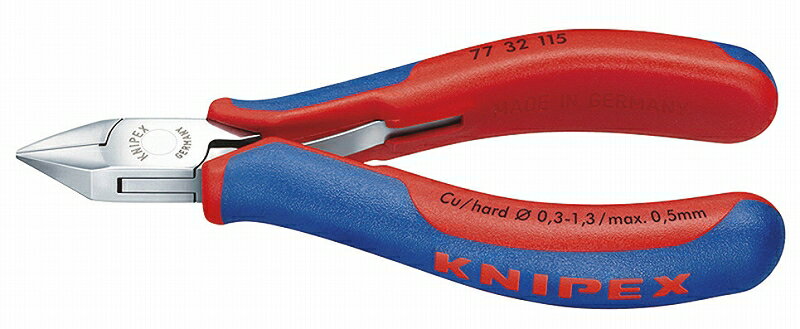 KNIPEX クニペックス 7732-115 エレクトロニクスニッパー (SB) 切断能力(軟線;φmm):0.3-1.3 切断能力(中硬線;φmm):1.0 切断能力(硬線;φmm):0.5 口先の長さ(mm):14 ジョイント部の幅(mm):11 ジョイント部の厚さ(mm):7.5 全長(mm):115 質量(g):80