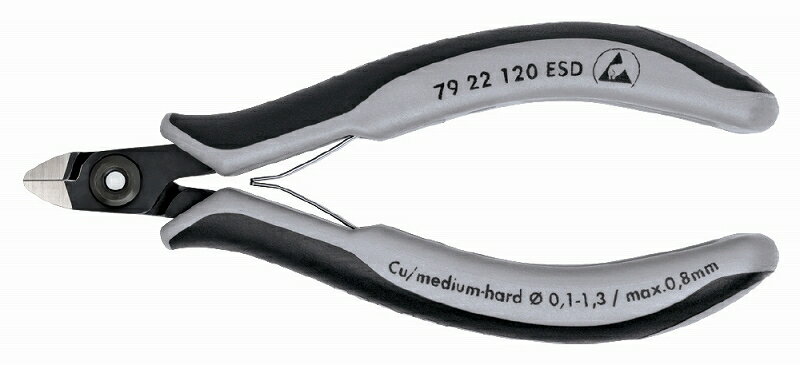 KNIPEX クニペックス 7922-120ESD エレクトロニクスニッパー 切断能力（軟線；φmm)：0.1-1.3 切断能力（中硬線；φmm)：0.8 口先の長さ(mm)：6.5 ジョイント部の幅(mm)：9.0 ジョイント部の厚さ(mm)：6.5 全長(mm)：120 質量(g)：61