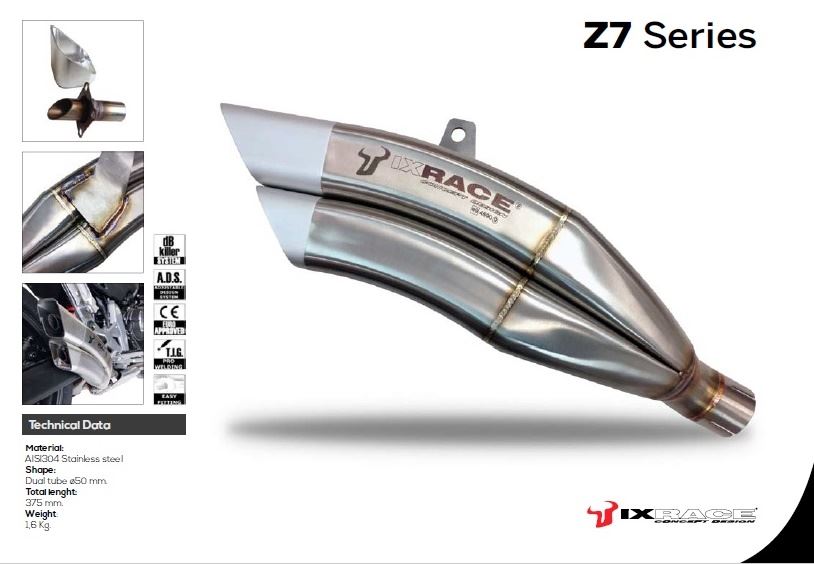 マッドマックス IX-QB5380S IXRACE ツインアップ スリップオンマフラー ステンレス 375mm マットポリッシュ Z7 デュアル ラウンド 50mm ナインティ NINE T