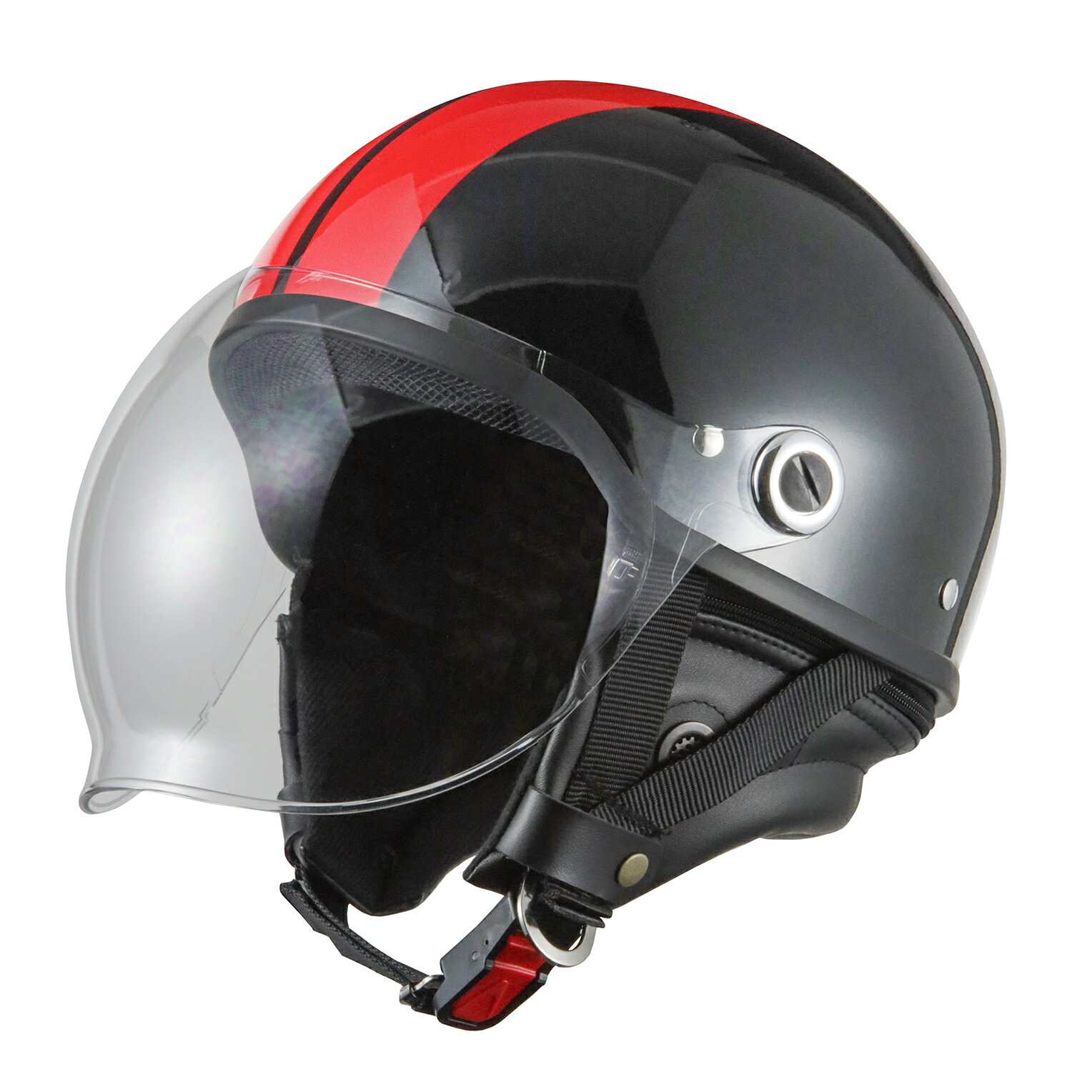 バイクヘルメット 半キャップ 半帽ヘルメット バブルシールド ブラック/レッド フリーサイズ(57～60cm未満)