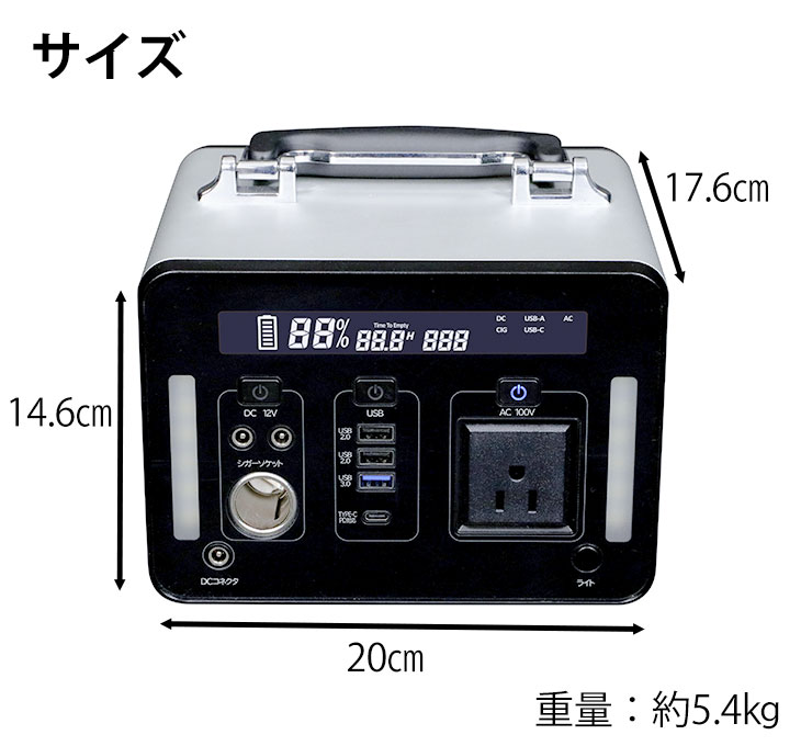 スマホ充電46回以上！大容量 139200mAh 500Wh 正弦波 USB充電 ACアダプタ−付属 ライト付き コンパクト ポータブル電源 リチウムイオン 軽量 500w ポータブルバッテリー 防災 蓄電池 防災グッズ 家庭用蓄電池 災害 蓄電器 車中泊 キャンプ