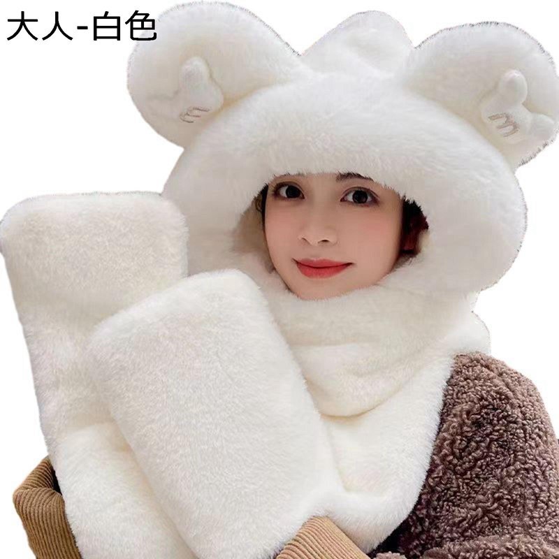 レディース マフラー 手袋 フード付き 3in1 冬用 熊耳付 ふわふわ 防寒対策 あったか 一体型 スカーフ 柔らか かわいい 厚手 学生 女の子 癒しグッズ 子供用 大人 アウトドア お出かけ フリーサイズ 保温性抜群で冬の寒さ対策に最適な防寒アクセサリー