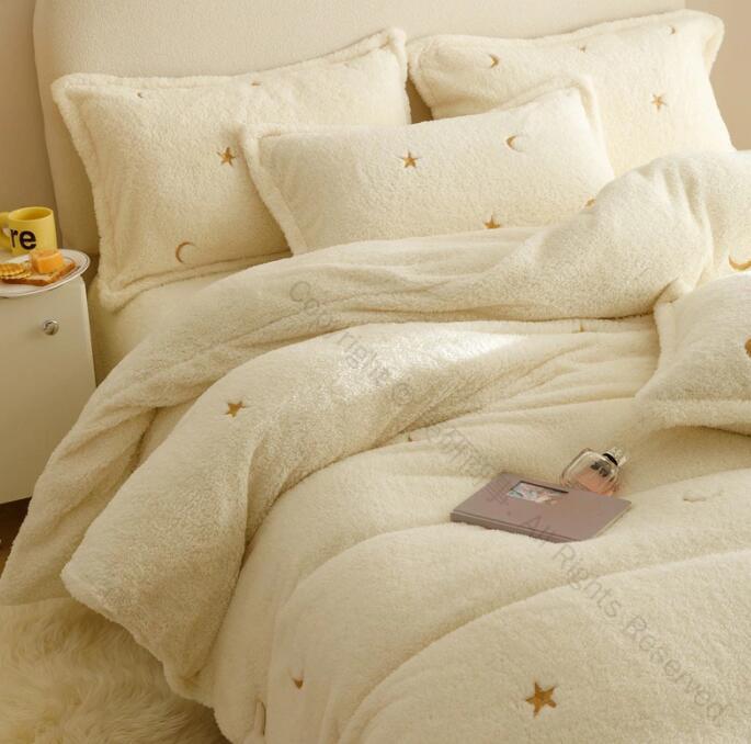 布団カバーセット 4点セット 秋冬用 暖かい 超可愛い星月刺繍入り 厚手ふわふわシープ調ボア 防寒対策 ..
