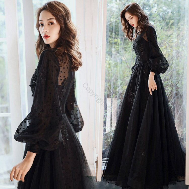イブニングドレス ロングドレス 黒 ブラック パフスリーブ 長袖 花柄 ビーズ キラキラ スパンコール Aライン パーティードレス 発表会 演奏会 コンクール S M L XL XXL XXXL対応