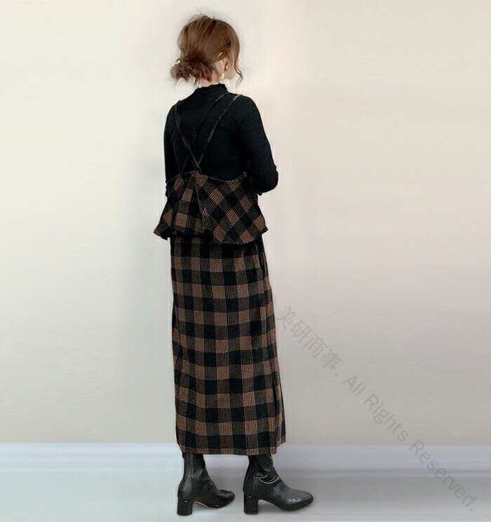 ジャンパースカート コーデュロイ ロング丈 チェック柄 ロングジャンパースカ 秋冬 大人 大きいサイズ Vネック オールインワン レディース ロングワンピース ワンピース ジャンスカ レイヤード 重ね着 カジュアル きれいめ 大人可愛い トレンドスタイル