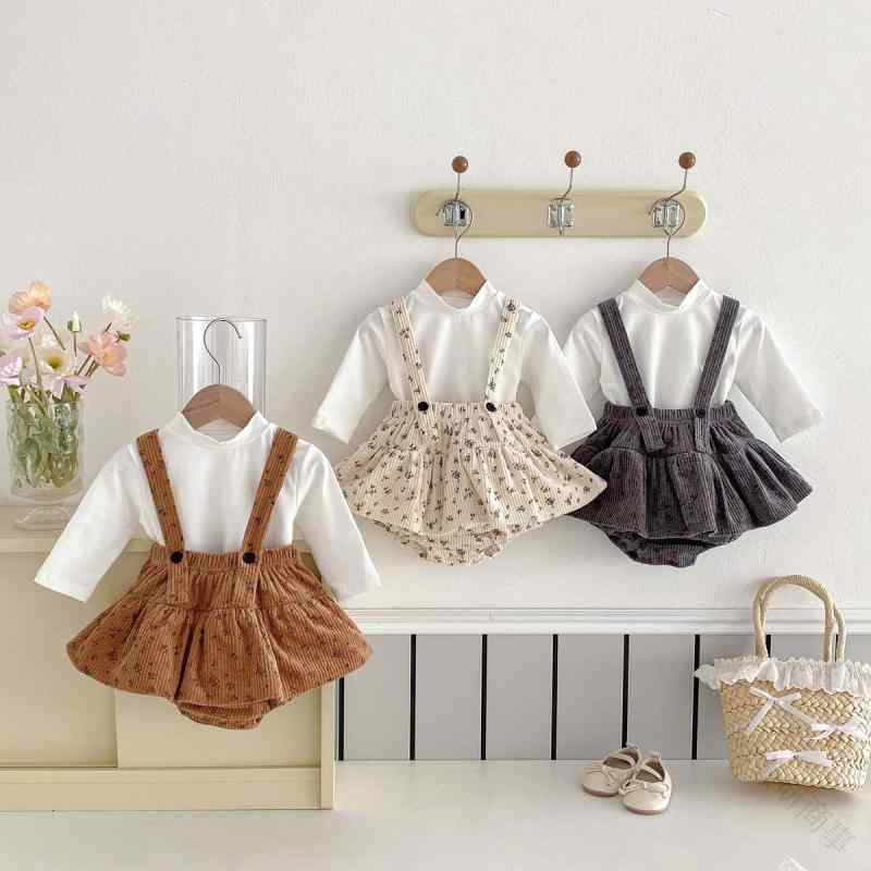 セットアップ 女の子用 ベビー コーデュロイ サロペットスカート 小花柄 かぼちゃパンツ トップス Tシャツ 綿コットン 春秋冬 かわいい おしゃれ カジュアル 3点セット