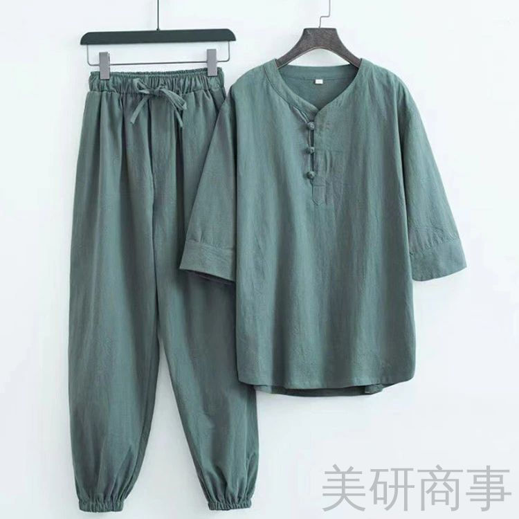 綿麻甚平 メンズ夏物 涼しい部屋着 おしゃれルームウェア シンプルデザイン 大人用パジャマ 紳士用寝間着 上下セット 大きいサイズ ヘンリーネック 夏祭り甚平 リネン素材 半袖じんべい 無地デザイン 快適着心地