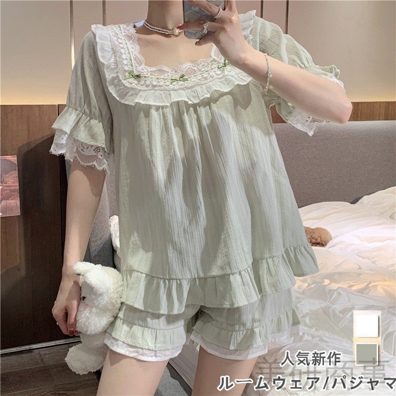 夏パジャマ レディース ルームウェア 送料無料 ショット丈 パンンツ上下セット 白レース フレア 可愛い 半袖 涼しい 快適 おしゃれ 寝具 ナイトウェア ゆったり 通気性 お休み服 ホームウェア 着心地 大人可愛い リラックス サマー