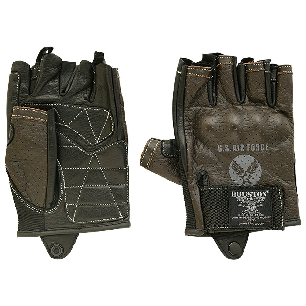 HOUSTON（ヒューストン）　HTVG-2323S　PUNCHING LEATHER HALF GLOVE　ブラウン　（ハーフレザーパンチングメッシュ半指グローブ）