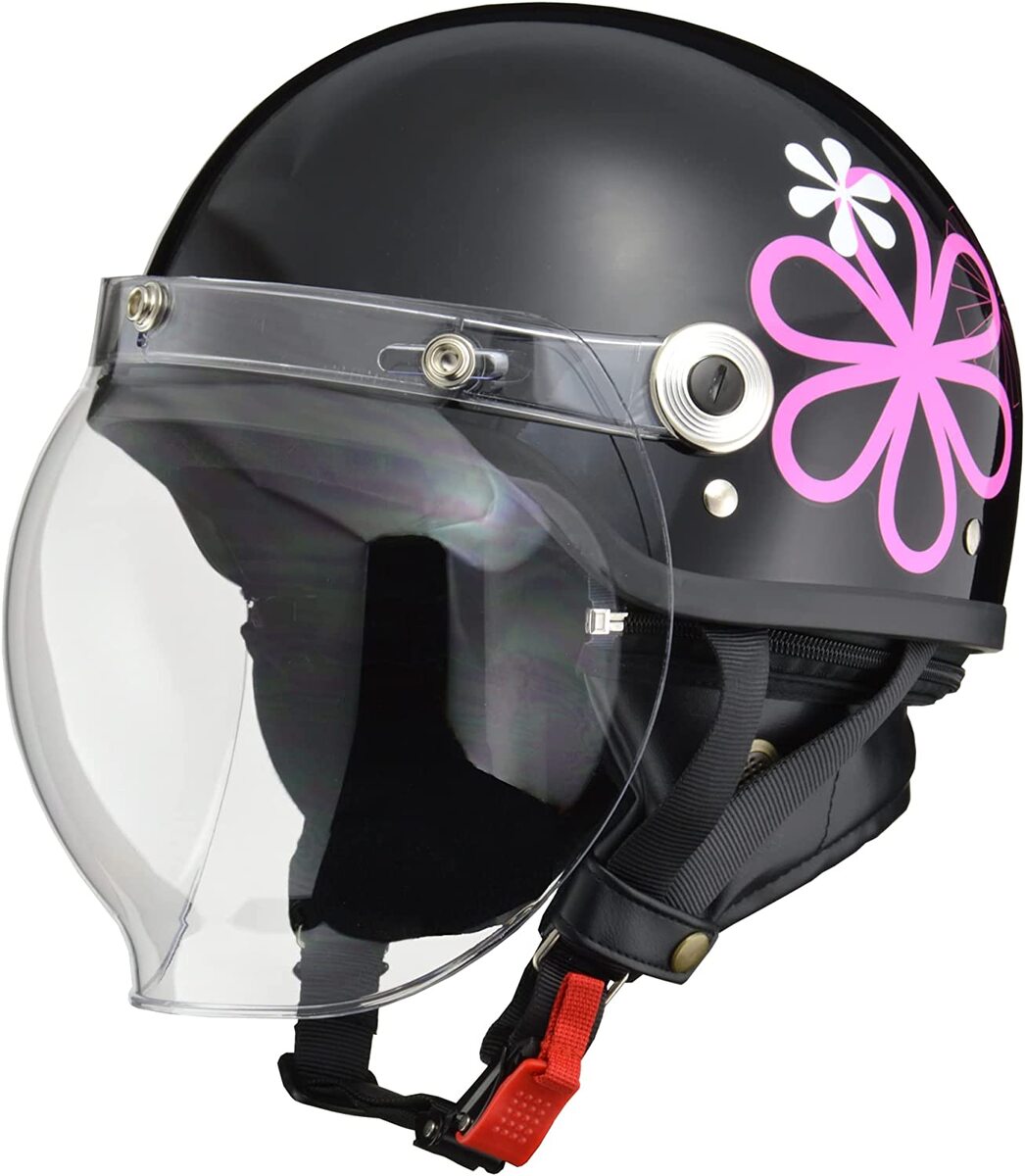 ヘルメットバイク リード工業 バイク ヘルメット lead CROSS バブルシールド付き ハーフヘルメッ ト CR760 ブラックフラワー 57-60cm未満...