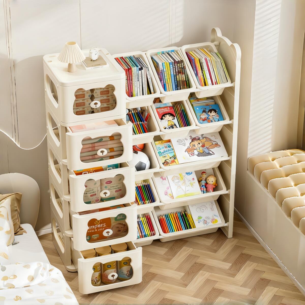 商品特徴&nbsp;特徴：引き出し&nbsp;材質：プラスチック&nbsp;棚のタイプ：階層型シェルフ&nbsp;商品の寸法：39奥行き x 99幅 x 92高さ cm&nbsp;【小熊が導く楽しい収納】 可愛い小熊の収納ラックが、お部屋を明るく彩る。お子様の想像力を刺激し、楽しく収納する習慣が身に付きます。男の子も女の子も喜ぶデザイン。&nbsp;【多機能収納ラック】 引き出し3つと収納ボックス7つで、小物も大きなおもちゃも分別収納。絵本ラックとしても機能し、お部屋全体を整理整頓。&nbsp;【斜めで取りやすい】 中身が見やすい斜め設計を採用。子どもでも簡単におもちゃの出し入れができ、使いやすさ抜群です。&nbsp;【ちょうどいいの高さ】 ママも安心のちょうどいい高さ。70cmの設計は、お子様が無理に背伸びする必要がなく、転倒や家具の不安定化を防ぎます。&nbsp;【コンパクトで省スペース】 コンパクト設計でどこでも収納 スリムな本体は寝室の隅やリビングの一角にすっきり配置可能。おもちゃ箱としてだけでなく、絵本棚や学用品の整理にも最適です。