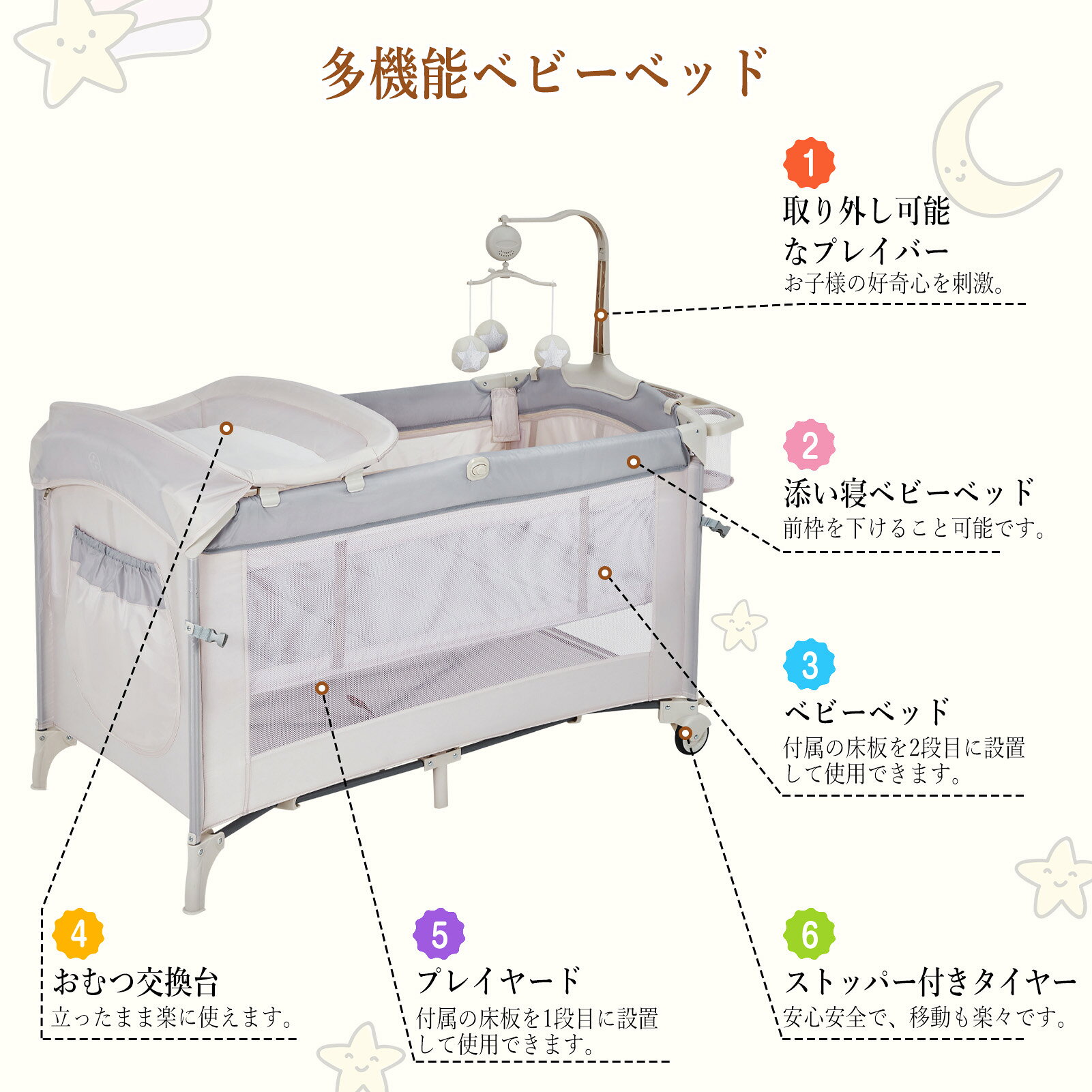 【商品仕様】商品名 ベビープレイヤードカラー グレー材質 アルミ合金＋綿＋メッシュサイズ 展開サイズ：約106x75x76.5cm 内寸サイズ：約105×73cm 収納サイズ：約27×27×78cm おむつ交換台サイズ：約42×80cm重量 約14kg対象月齢 新生児（体重2.5kg～）～36カ月（体重15kg）まで体重制限 15kgまで【特徴】蚊帳付きで、就寝時や季節の虫対策に便利。サイドメッシュで通気性が良く、赤ちゃんの様子も確認しやすい。取り外し可能なおむつ交換台で、腰への負担を軽減。折りたたみ式＆キャスター付きで移動収納が簡単。固定ベルト付きで、大人用ベッドに寄せた設置も可能。固定ベルトは付属しております。Type-B（玩具付き）