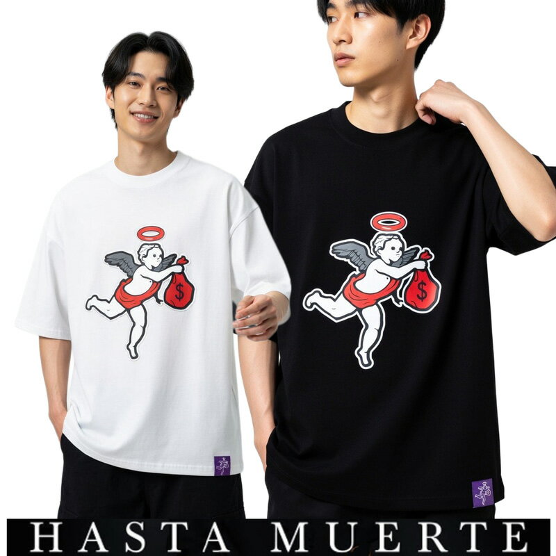 HASTAMUERTE/アスタムエルテ/半袖Tシャツ/ ANGEL TEE/フロント 刺繍アップリケ/USA MADE/コットン素材/B系/ストリート/チーム/カジュアル/インポート/M/L/XL/2XL/3XL/大きいサイズ/ビッグサイズ