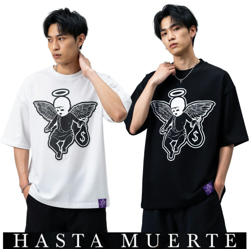 [SALE 반액]HASTAMUERTE/아스타무엘테/반팔 T셔츠/WING ANGEL TEE/프런트 자수 아플리케/USA MADE/코튼 소재/B계/스트리트/팀/캐주얼/가져오기/M/L/XL/2XL/3XL/큰 사이즈/빅 사이즈
