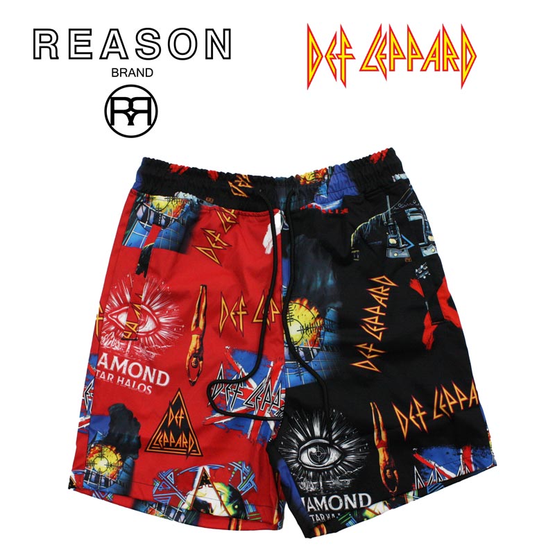 REASON/リーゾン/DEF LEPPARD デフ・レパード コラボ AOP SHORTS/総柄プリント/ショートパンツ/ポリエステル素材//B系/ストリート/水着/ダンス衣装/チーム/カジュアル/アメカジ/インポート/大きいサイズ/ビッグサイズ